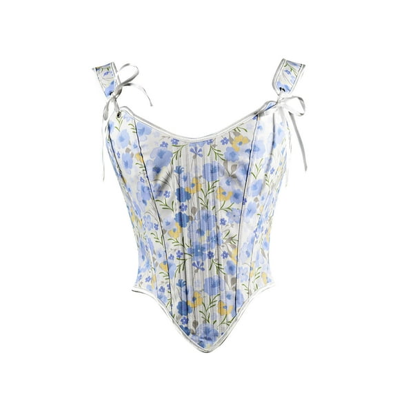 Vintage Floral Corset Tops for Women Tie Shoulder Renaissance Lace Up Bustiers Overbust Shaper Tank Corsets Blue, S