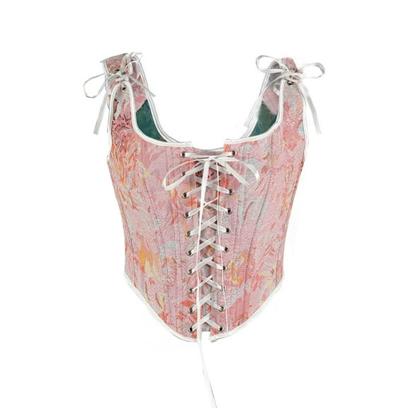 Vintage Floral Corset Tops for Women Tie Shoulder Renaissance Lace Up Bustiers Overbust Shaper Tank Corsets Pink, XXXL