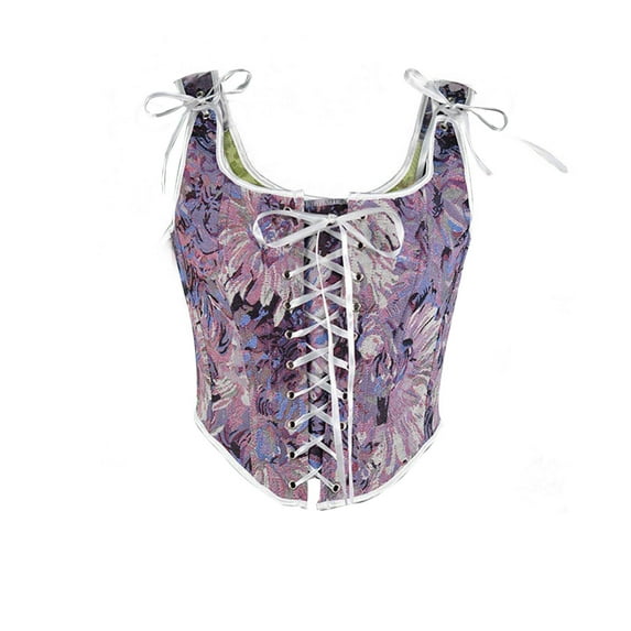 Vintage Floral Corset Tops for Women Tie Shoulder Renaissance Lace Up Bustiers Overbust Shaper Tank Corsets Purple, XXXL