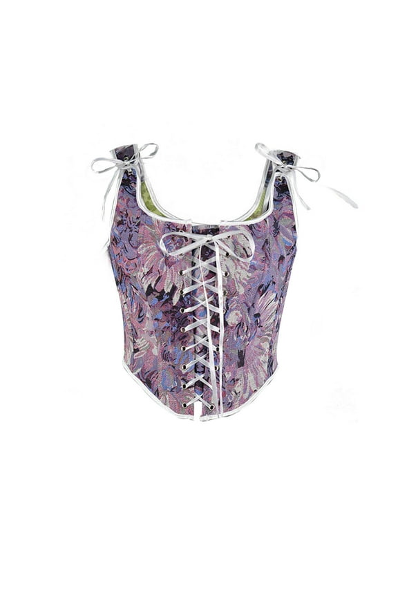 Vintage Floral Corset Tops for Women Tie Shoulder Renaissance Lace Up Bustiers Overbust Shaper Tank Corsets Purple, XXXL