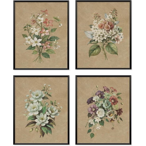 Vintage Floral Cottagecore Wall Art Decor Posters, Wildflowers Farmhouse Cottage Nursery Home Art Decor, Botanical Print For Bedroom Living Room Bathroom Cottage, Set of 4 (8x10 Unframed)