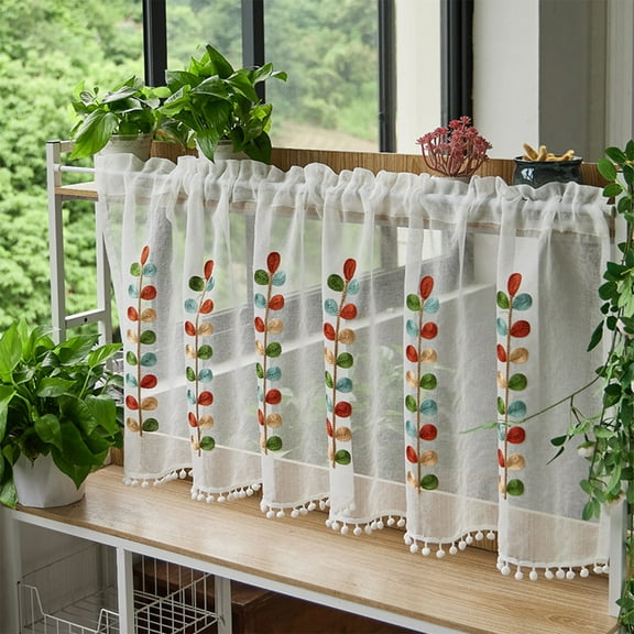 Vintage Floral Cotton Chiffon Cafe Curtain Panel, Kitchen Valance, Farmhouse Window Screen, 150x60cm Polyester Embroidered, for Bathroom Decoration Privacy, Sheer Tier