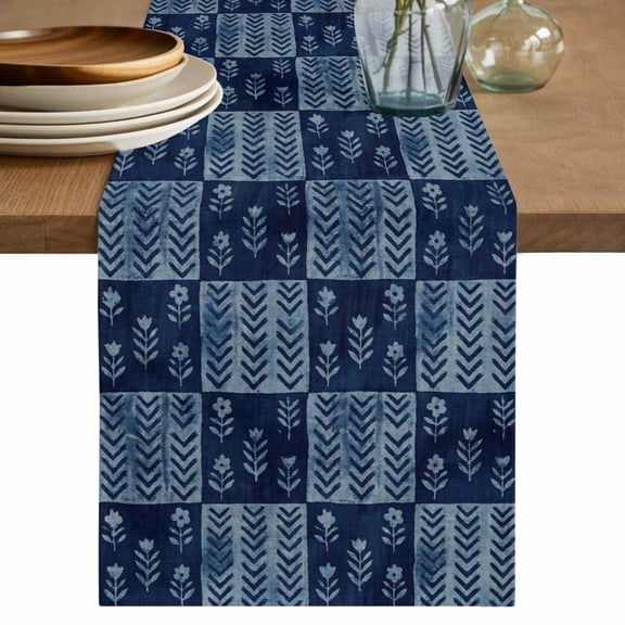 Vintage Floral Cotton Linen Table Runner for Dining Kitchen, Abstract Flowers Patchwork Country Navy Blue Wedding Outdoor Party Tablerunners, Dresser Scarf Coffee Tablecloth Runners 13x48 Inches