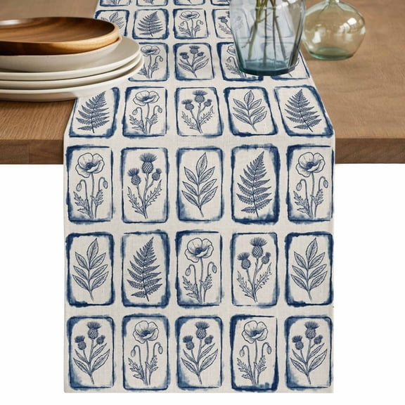 Vintage Floral Cotton Linen Table Runner for Dining Kitchen, Country Tie-dye Flowers Plants Blue Beige Wedding Outdoor Party Tablerunners, Dresser Scarf Coffee Tablecloth Runners 13x36 Inches