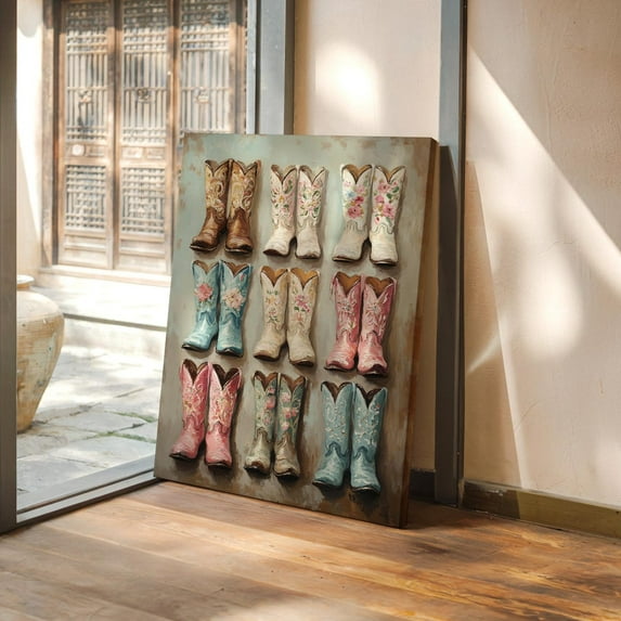 Vintage Floral Cowboy Boots Art Print – Western Wall Decor, Country Farmhouse Style, Rustic Boot Collection, Southwestern Home Decor Wall Art, Modern Wall Decor, 16x24 UNFRAMED