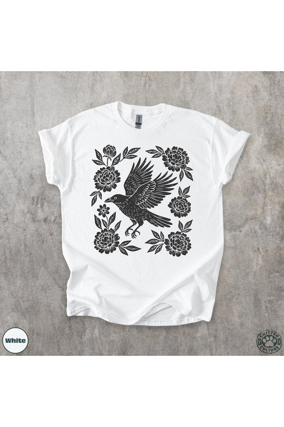 Vintage Floral Crow T-Shirt, Bird Botanical Graphic Shirt, Raven Nature Tee, Retro Garden Top, Cottagecore Folklore Wildlife Gift