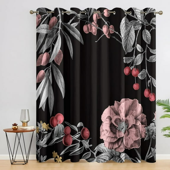Vintage Floral Curtains, Black Peony Flower Blackout Curtains For Living Room Bedroom Decor, Chic Botanical Leaf Window Curtains Grommet Drapes 26"W x 84"L (Pack of 2)