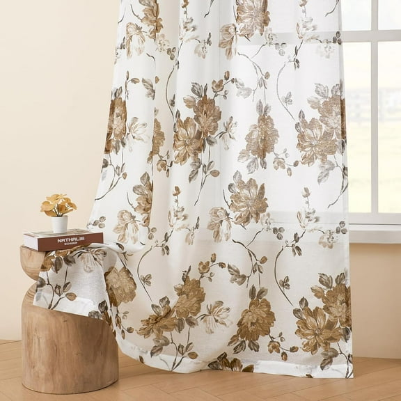 Vintage Floral Curtains for Living Room Bedroom Rod Pocket Semi Sheer Brown Flower Curtains 63 Inch Length 2 Panels set Light Filtering Window Drapes Country Cottage Farmhouse Decor, 52x63 Taupe