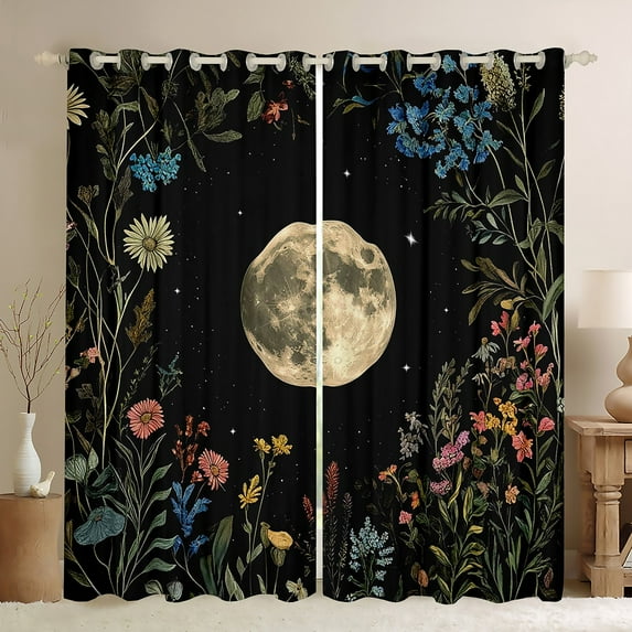 Vintage Floral Curtains,Moon and Stars Galaxy Curtains Drapes Adults Living Room Decor,Colorful Flower Plant Curtains Aesthetic Window Curtains 2 Panels 52"Wx63"L