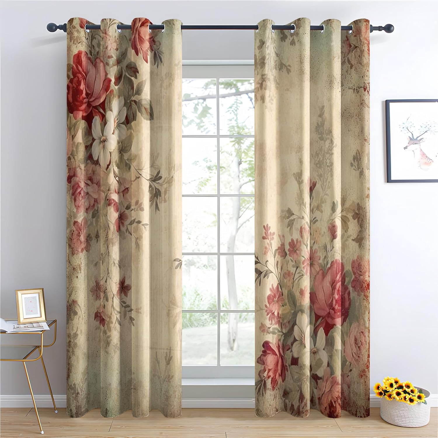 Vintage Floral Curtains, Rustic Flower Blackout Curtains, Country Style Curtains for Bedroom Living Room Decor, Thermal Insulated Grommet Drapes 42"W x 84"L (Pack of 2)