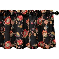Vintage Floral Curtains Valances, Light Filtering Curtain Panel for Living Dining Room, Rod Pocket Design (1 Piece, 52 x 18, Red and Black)