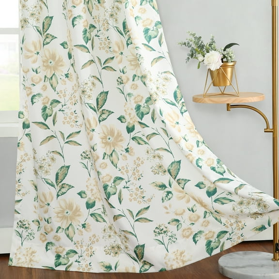 VOGOL Vintage Floral Curtains for Room, Plant Pattern Light Filtering Drapery Panels for Office Home Shop, 2 Pcs, 52x96 inch, Cream and Green