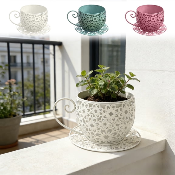 Vintage Floral Cutout Wrought Iron Teacup Planters Decorative Flower Containers For Indoor Windowsill Balcony Succ Herb Mini Bloom Display