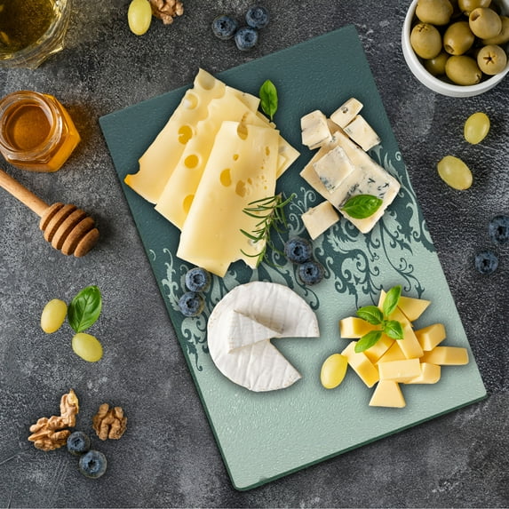 Vintage Floral Cutting Board, Antique Ornament in Floral Style Old Fashion Curls Baroque Revival, Decorative Tempered Glass Cutting and Serving Board, Small Size, Charcoal Grey Beige, by Ambesonne