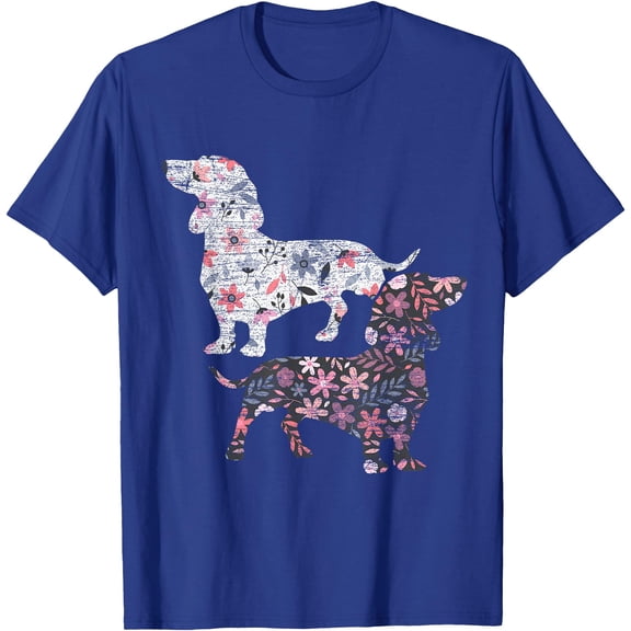 Vintage Floral Dachshund Dogs Lover Unisex T-Shirt for Men Women Kids Toddler,Royal Blue Color,Size 4XL