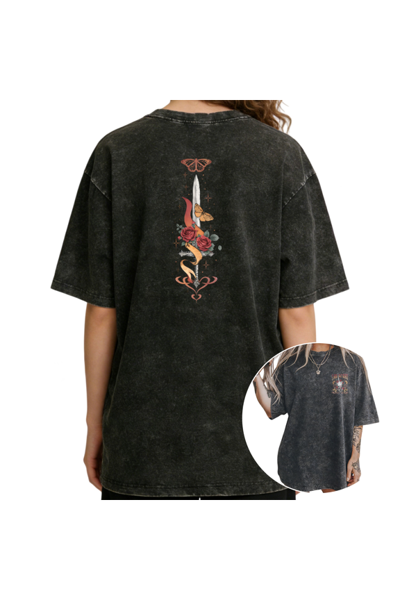 Vintage Floral Dagger Art Back Print Black Washed Butterfly Print Tshirt Graphic Tees Shirts S-2XL Tops