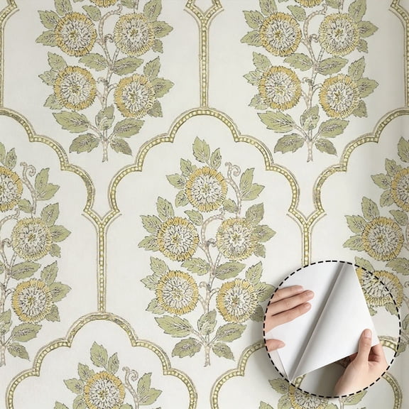 Vintage Floral Damask Wallpaper, Boho Farmhouse Style Peel and Stick Waterproof Wall Decoration for Living Room Bedroom Kitchen Cabinet Shelf, Removable SelfAdhesive, 17.7 * 118 in