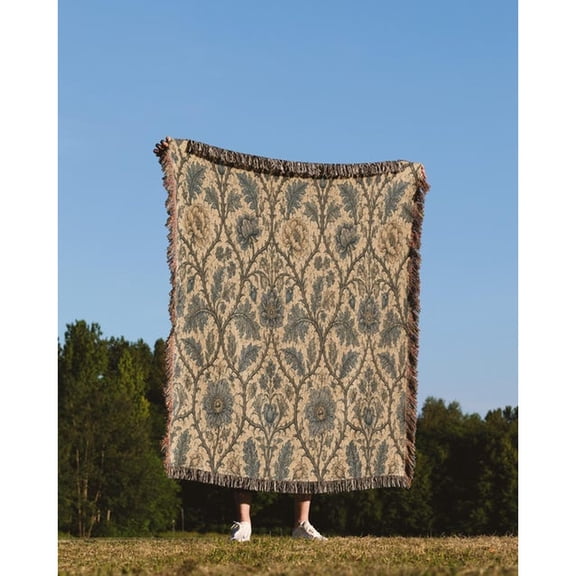 Vintage Floral Damask Woven Throw Blanket, 100% Cotton, Fringed Edges