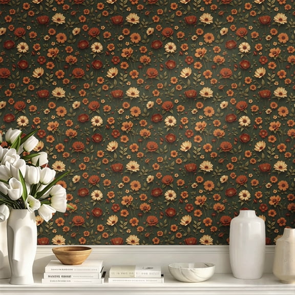 Vintage Floral Dark Green Orange Poppy Daisy Pattern Stick Wallpaper Rustic Boho Wall Art Wall Decor Art Print Elegant Stunning Wall Decoration for Living Room Bedroom Apartment Home Decor