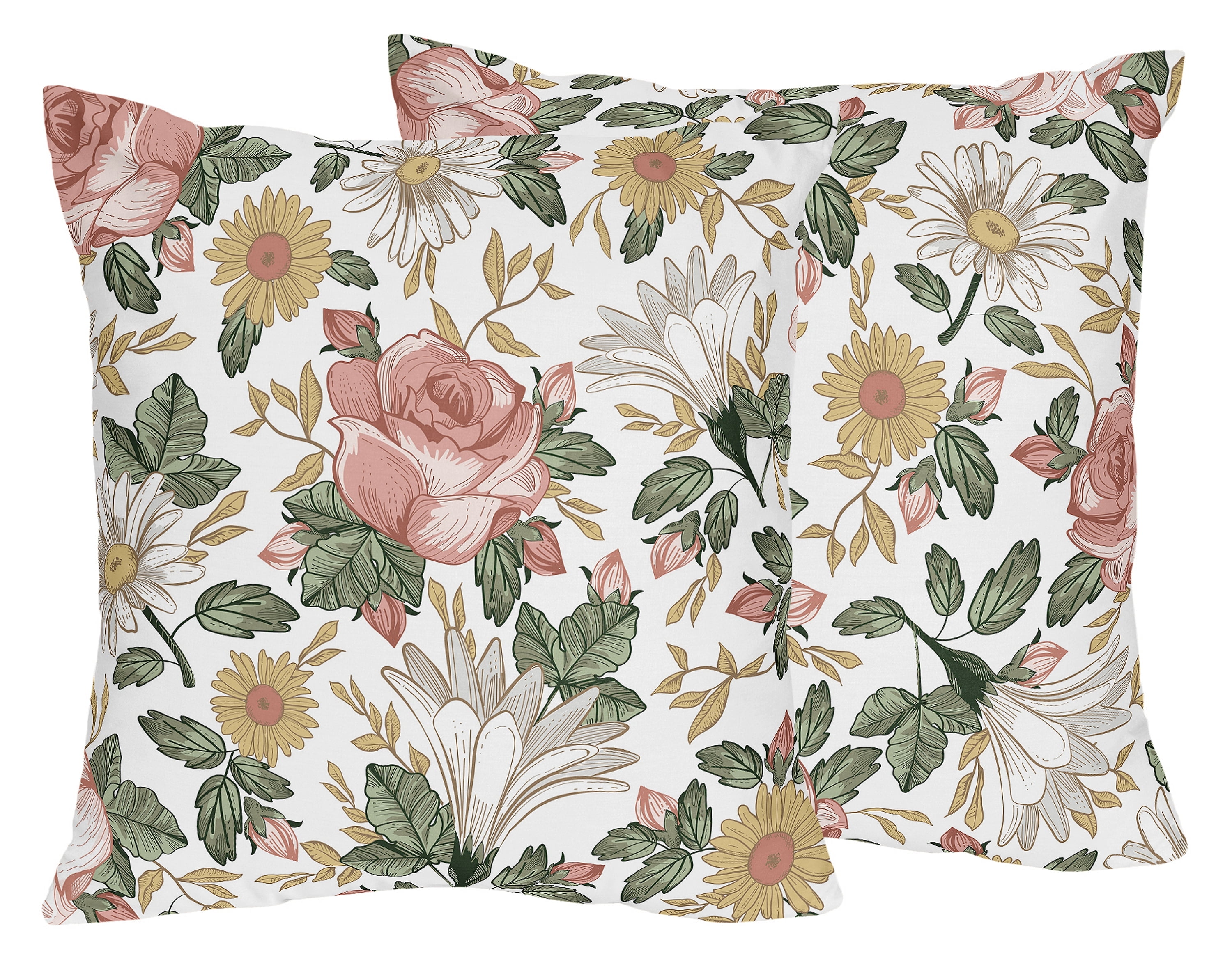 Vintage Floral Pink Green Yellow Microfiber Square Throw Pillows Set