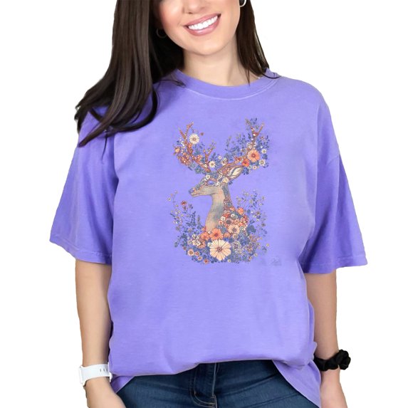 Vintage Floral Deer Art Printed T-Shirt, Unique Nature Inspired Graphic Tee, Bohemian Wildlife Animal Design, Artistic Outdoor Fashion, Violet Comfort Colors T-Shirt, Small