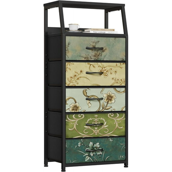 Vintage Floral Dresser with 5 Drawers, Vertical Storage Tower Fabric Dresser for Bedroom, Hallway, Entryway, Nursery, Closet Organizer, Nightstand Bedside Table Furniture, Sturdy Steel Frame, Wood Top