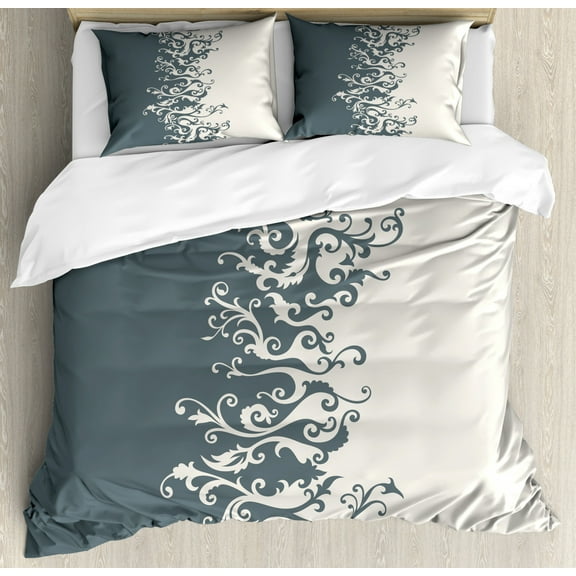 Vintage Floral Duvet Cover Set Queen Size, Antique Ornament in Floral Style Old Fashion Curls Baroque Revival, Decorative 3 Piece Bedding Set with 2 Pillow Shams, Charcoal Grey Beige, by Ambesonne