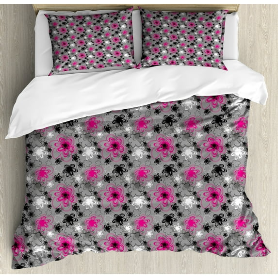 Vintage Floral Duvet Cover Set, Vibrant Colored Free Hand Drawing Style Blossoms Antique Retro, Decorative 3 Piece Bedding Set with 2 Pillow Shams, King Size, Hot Pink Black Grey, by Ambesonne
