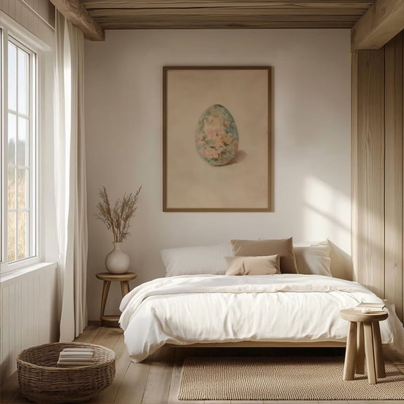 Vintage Floral Easter Egg Wall Art, Antique Blue Botanical Decor 16x24 UNFRAMDE