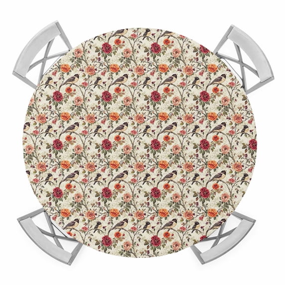 Vintage Floral Elastic Fitted Round Table Cover Spring Flower Birds Waterproof Outdoor Tablecloth for Holiday Party, Picnic, Patio & Dining Fits Tables Up to 55"-60"