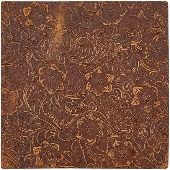 Vintage Floral Embossed Leather Fabric Sheets - 8" x 8" Genuine Leather 1.6mm Thick Square Hides for Jewelry Making DIY Crafts - Saddle Brown 1pc