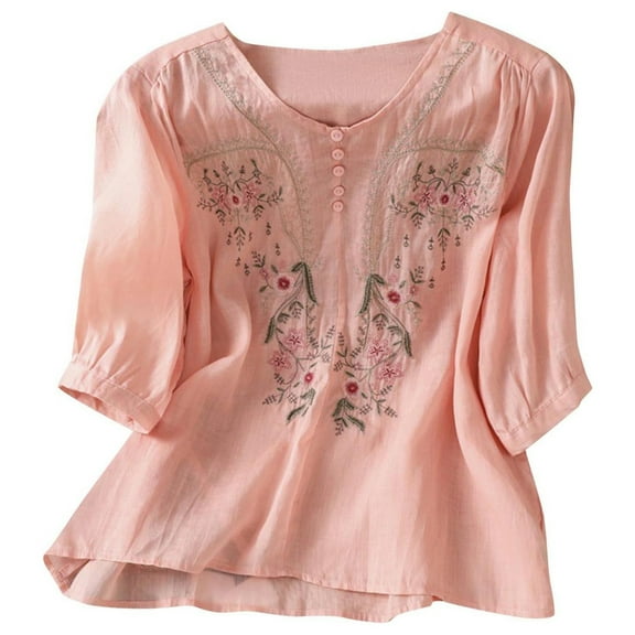 Vintage Floral Embroidered Half Sleeve Top for Women Loose Fit, Versatile, Casual Blouse, Comfortable, Multiple Sizes