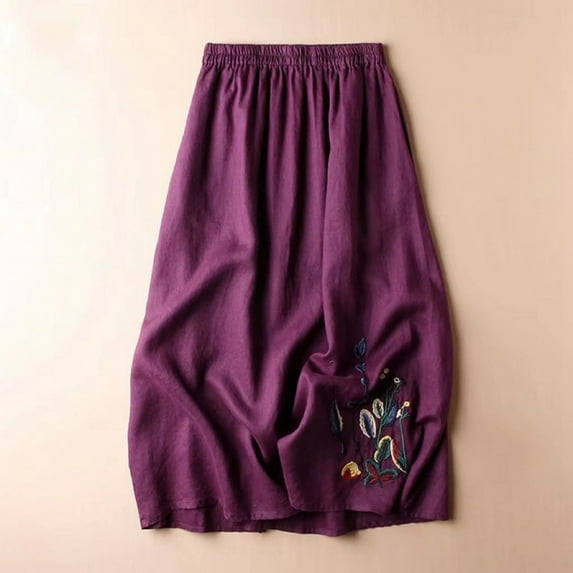 Vintage Floral Embroidered Linen Skirt For Women A Line Midi Skirt Versatile Flared Skirt Skirts Skirts for Women Trendy Skirt for Women 80s Skirt Hot Tennis Skirt Overall Skirt Silk Midi Skirt