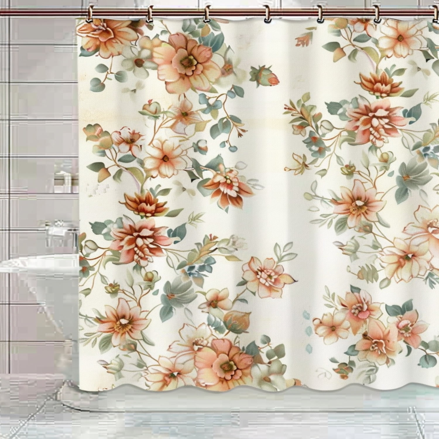 Vintage Floral Embroidered Shower Curtain Beige & Peach Design with 3D