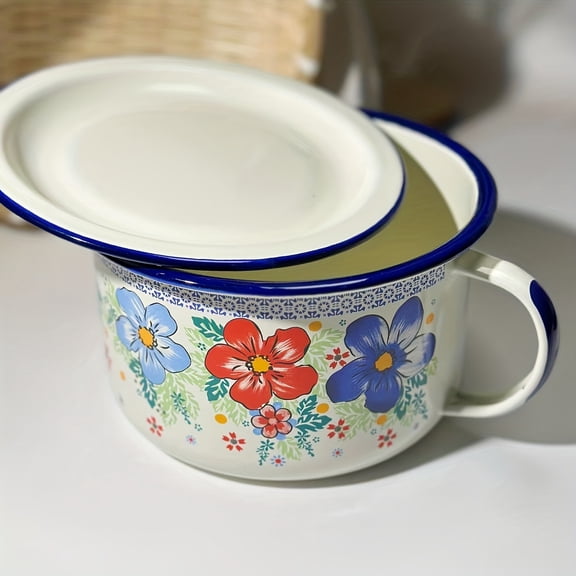 Vintage Floral Enamel Bowl with Lid and Handle, 5.9 Inch Large Enamel Soup Mug, Retro Enamelware for Soup Noodle Cereal, FoodSafe Enamel Metal Bowl for Home Kitchen Camping Picnic
