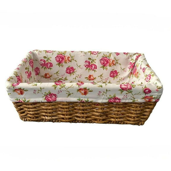 Vintage Floral Fabric Lined Woven Rattan Basket - Rustic Chic Storage Solution for Home Organizing, Durable & Aesthetic Decor Basket for Kitchen, Bedroom & Living Room 13''x9''x4.3''
