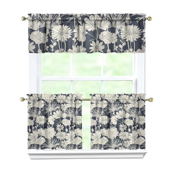 Vintage Floral Farmhouse Curtains 24 Inch - 3 Panel Boho Country Set with Rustic Wildflowers, Rod Pocket Window