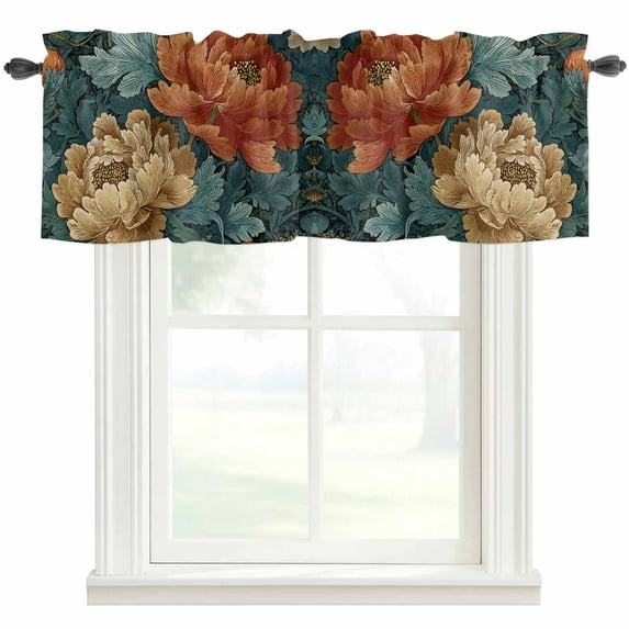 Vintage Floral Farmhouse Short Window Curtain Valances, Boho Red White Floral Leaves Country Vintage Rod Pocket Kitchen Valances for Living Room Bedroom Bathroom Cafe 60" x 18"