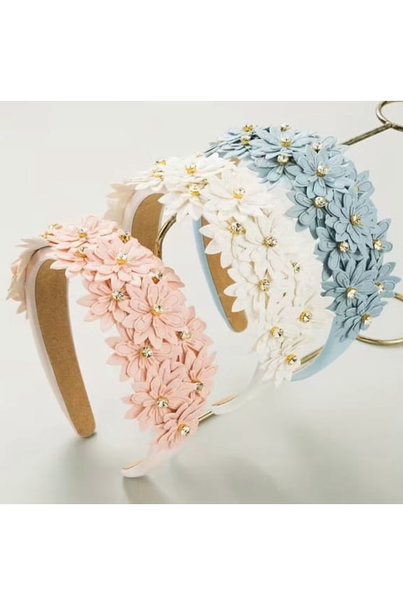 Vintage Floral Faux Leather Headband for Women - Elegant Multi-Layer Design with Rhinestone Accents