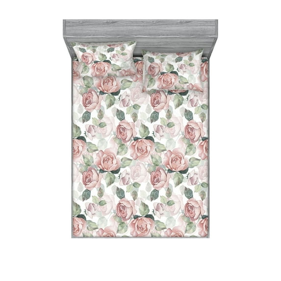 Vintage Floral Fitted Sheet & Pillow Sham Set, English Roses with Pastel Color Palette Floral Nature Themed Print, Decorative Printed 3 Piece Bedding Decor, Calking, Blush and Sage Green, by Ambesonne