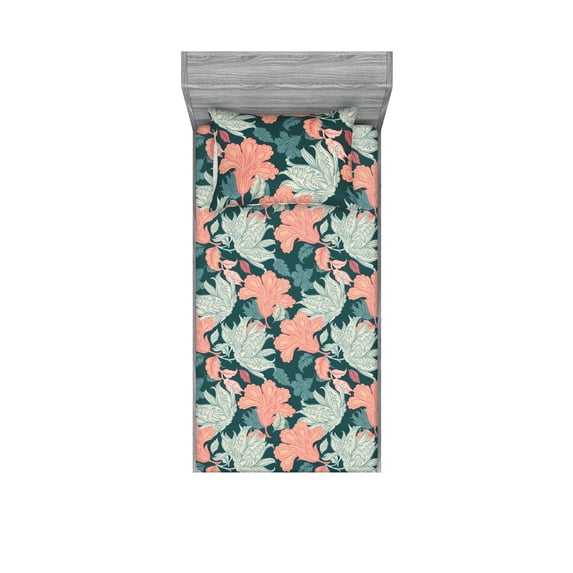 Vintage Floral Fitted Sheet & Pillow Sham Set, Line Ornamented Simple Flowers Boho Pattern Cottagecore Vibes Artwork, Decorative Printed 2 Piece Bedding Decor, Twin, Dark Teal Coral, by Ambesonne
