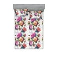 thumbnail image 1 of Vintage Floral Fitted Sheet & Pillow Sham Set, Watercolor Flowers Boho with Leaves on Hues Aquarelle Back Art, Decorative Printed 3 Piece Bedding Decor, Calking, Pale Fuchsia Dark Peach, by Ambesonne, 1 of 2