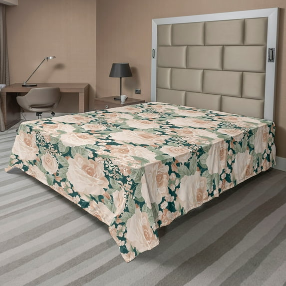 Ambesonne Vintage Floral Flat Bedding Sheet Soft Top Sheet, Boho Dreamy Flowers, California King, Pale Peach Reseda Green