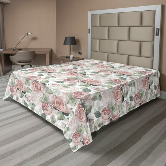 Ambesonne Vintage Floral Flat Bedding Sheet Soft Top Sheet, English Roses Print, California King, Blush and Sage Green