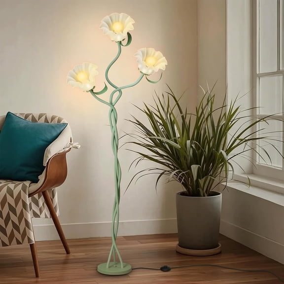 Vintage Floral Floor Lamp with 3 Adjustable LED Heads, Green Standing Lotus Light for Living Room Bedroom, 67" Tall Artistic Metal Lamp with Petal Shades, Foot Switch, LED Bulbs Included