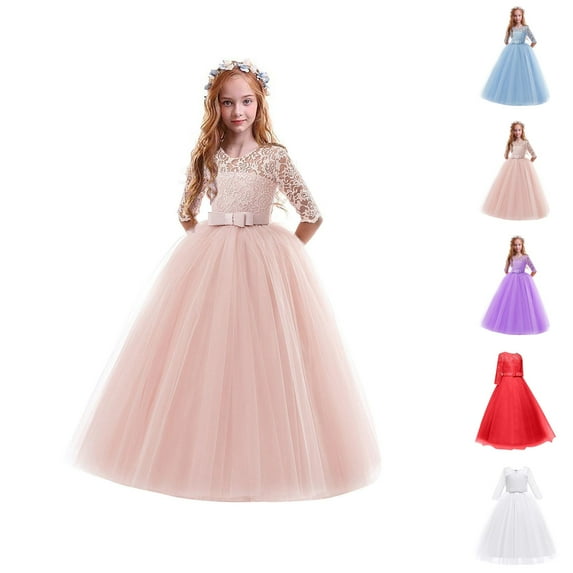 Vintage Floral Floor-Length Gown – 3/4 Lace Sleeve Evening Dress for Girls, Wedding & Cotillion Wear, Elegant Statement Beyond Pink Dress for Girls Style