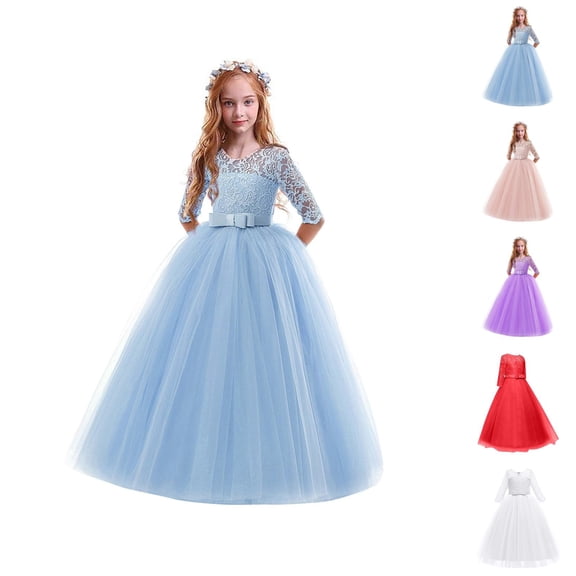 Vintage Floral Floor-Length Gown – 3/4 Lace Sleeve Evening Dress for Girls, Wedding & Cotillion Wear, Elegant Statement Beyond Pink Dress for Girls Style