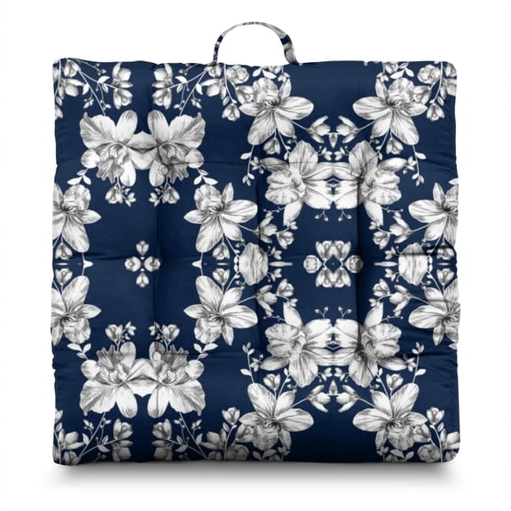 Vintage Floral Floor Pillow Large 22 Inch Square Cushion, Wildflower & Butterfly Illustration, Soft for Yoga & Tatami