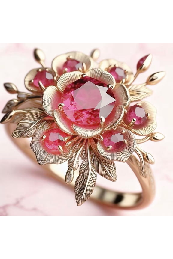 Vintage Floral Flower Ring for Women, Rose Gold Plated Ruby Red CZ Statement Cocktail Ring, Art Nouveau Style Botanical Fashion Jewelry Gift Sizes 6