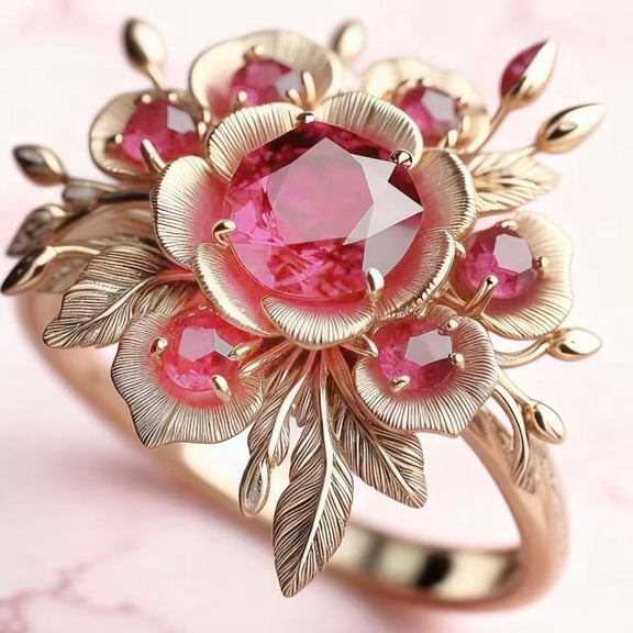 Vintage Floral Flower Ring for Women, Rose Gold Plated Ruby Red CZ Statement Cocktail Ring, Art Nouveau Style Botanical Fashion Jewelry Gift Sizes 8